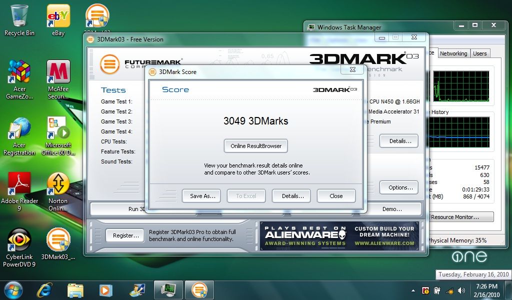 3DMark03 score for Acer Aspire One 532G