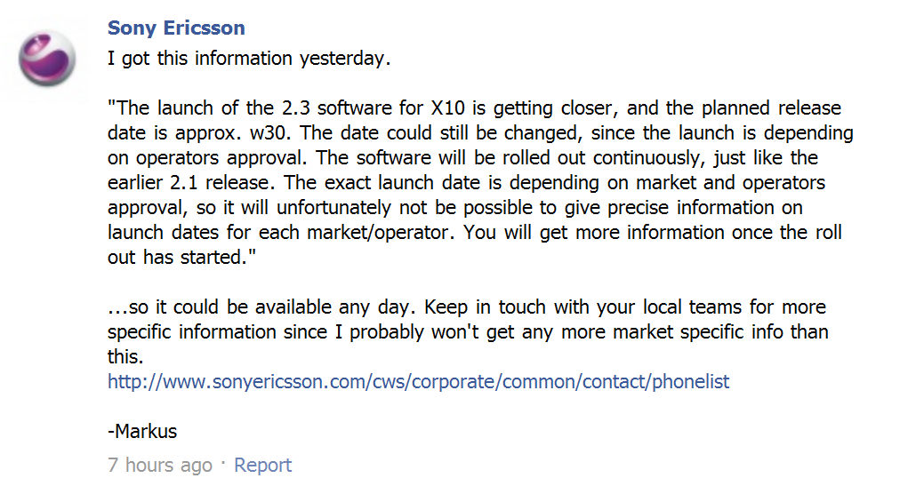 Sony Ericsson confirms X10 Android 2.3 update coming this week