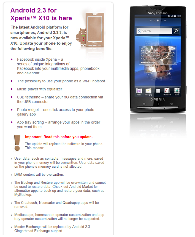 Sony Ericsson reveals what to expect with X10 Gingerbread update