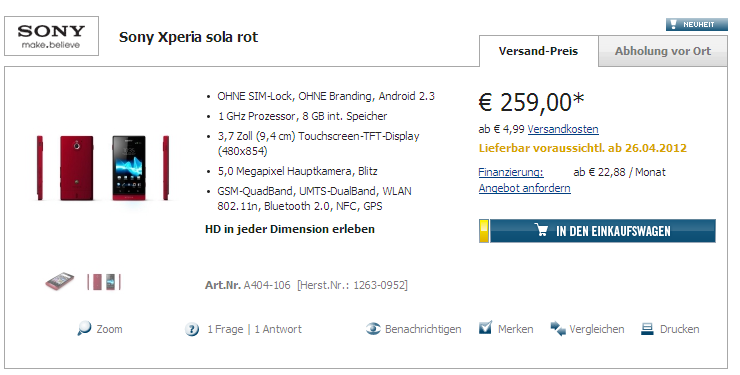 Xperia sola now on German pre-order for €259