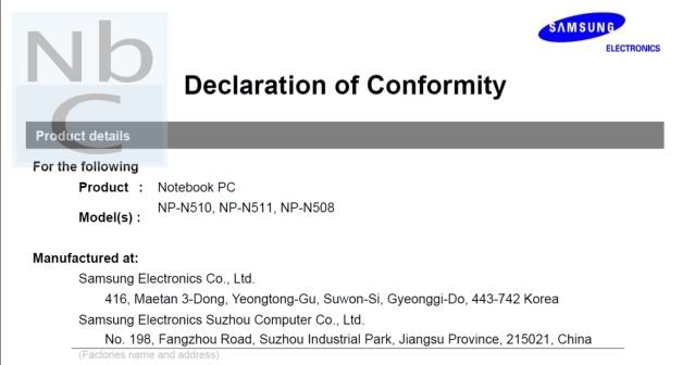 Samsung N508 / N510 / N511 Declaration of Conformity