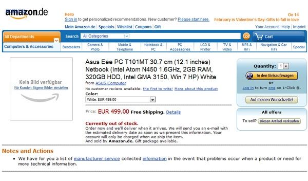 Asus Eee PC T101MT puts a pre-order appearance in Germany